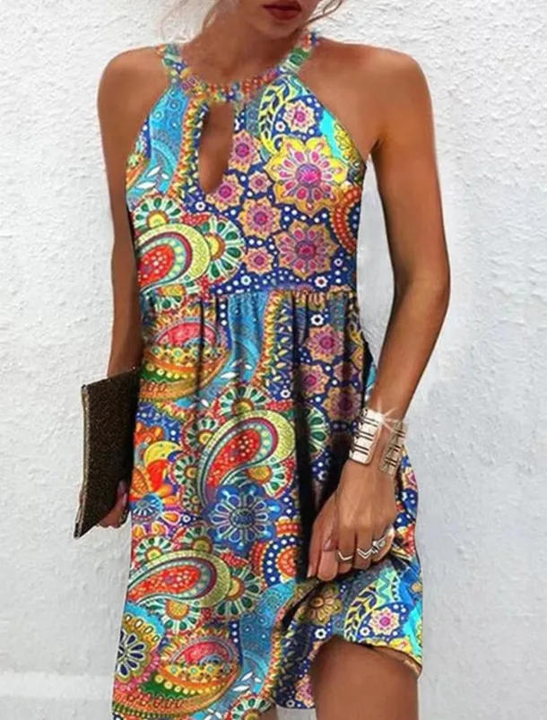 Women's Summer Dress Halter Neck Dress Print Dress Active Fashion Streetwear Outdoor Vacation Daily Regular Fit Paisley Sleeveless Halter Neck Yellow Royal Blue Blue Dark Blue Summer Spring