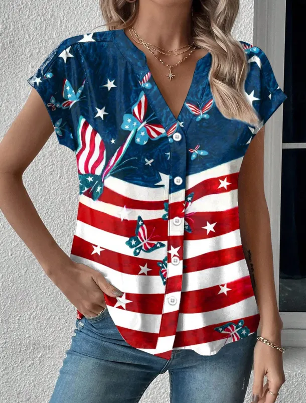 Women's Summer Tops Patriotic Blouse Graphic Flag Daily Red White And Blue Short Sleeve V Neck Regular Tops Daily Buttons Print Blue Summer