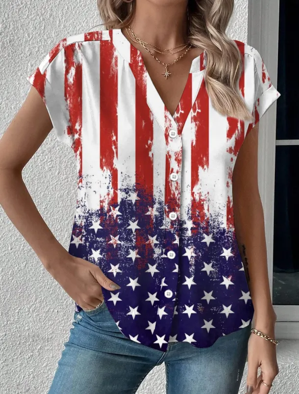 Women's Summer Tops Patriotic Blouse Graphic Flag Daily Red White And Blue Short Sleeve V Neck Regular Tops Daily Buttons Print Blue Summer