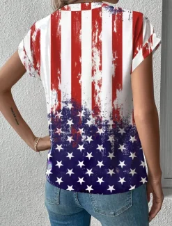Women's Summer Tops Patriotic Blouse Graphic Flag Daily Red White And Blue Short Sleeve V Neck Regular Tops Daily Buttons Print Blue Summer
