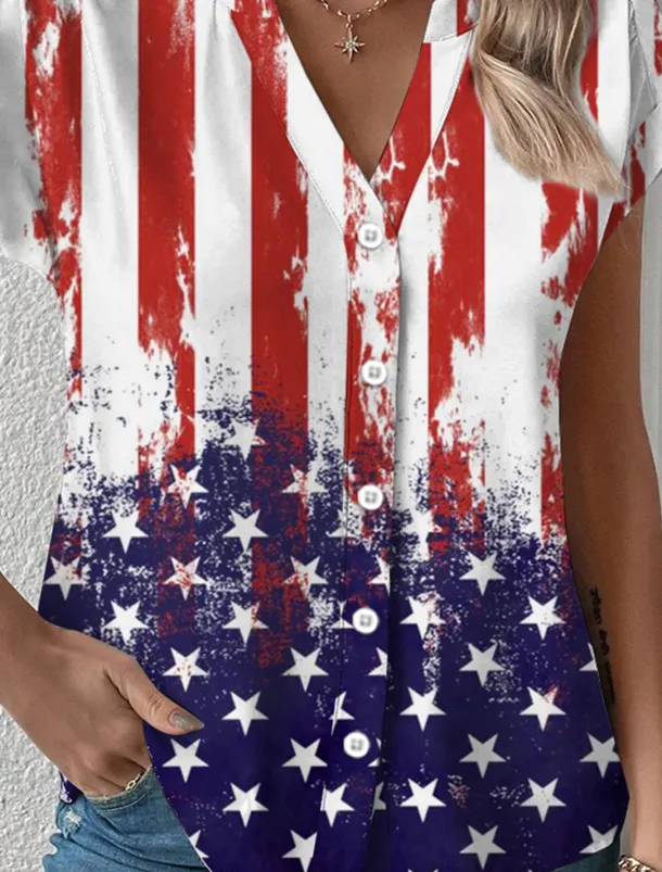 Women's Summer Tops Patriotic Blouse Graphic Flag Daily Red White And Blue Short Sleeve V Neck Regular Tops Daily Buttons Print Blue Summer
