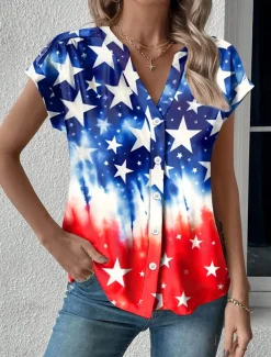 Women's Summer Tops Patriotic Blouse Graphic Flag Daily Red White And Blue Short Sleeve V Neck Regular Tops Daily Buttons Print Blue Summer
