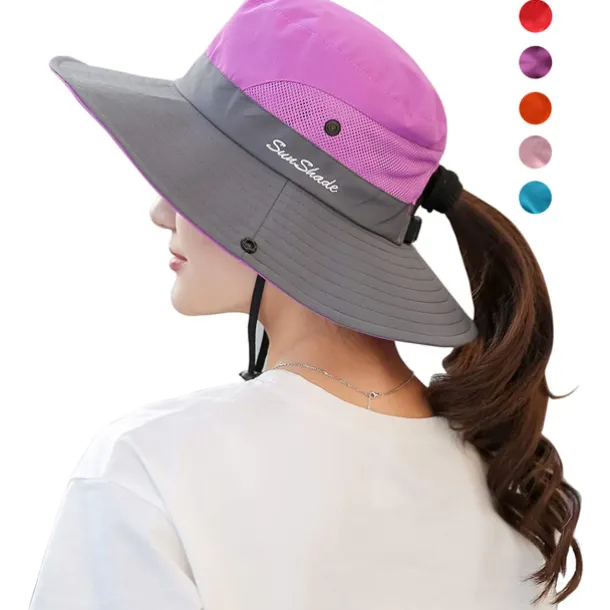 Women's Sun Hats Wide Brim Outdoor UV Protection Foldable Mesh Beach Fishing Hat with Ponytail Hole Hiking Hat Bucket Hat Boonie hat Summer Portable Breathable Patchwork Green Black Red Fuchsia