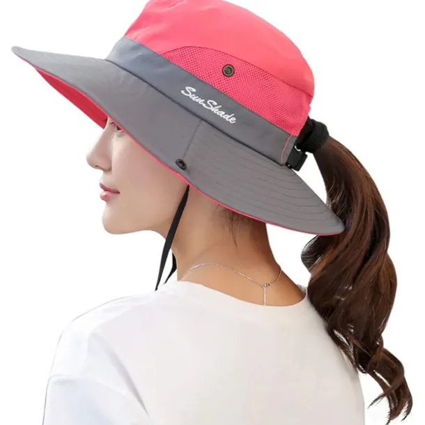Women's Sun Hats Wide Brim Outdoor UV Protection Foldable Mesh Beach Fishing Hat with Ponytail Hole Hiking Hat Bucket Hat Boonie hat Summer Portable Breathable Patchwork Green Black Red Fuchsia