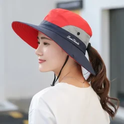 Women's Sun Hats Wide Brim Outdoor UV Protection Foldable Mesh Beach Fishing Hat with Ponytail Hole Hiking Hat Bucket Hat Boonie hat Summer Portable Breathable Patchwork Green Black Red Fuchsia