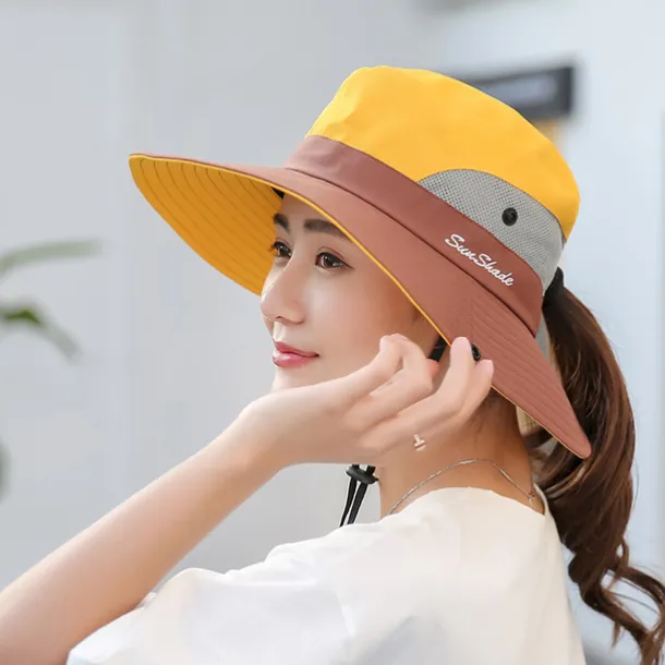 Women's Sun Hats Wide Brim Outdoor UV Protection Foldable Mesh Beach Fishing Hat with Ponytail Hole Hiking Hat Bucket Hat Boonie hat Summer Portable Breathable Patchwork Green Black Red Fuchsia