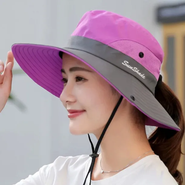 Women's Sun Hats Wide Brim Outdoor UV Protection Foldable Mesh Beach Fishing Hat with Ponytail Hole Hiking Hat Bucket Hat Boonie hat Summer Portable Breathable Patchwork Green Black Red Fuchsia