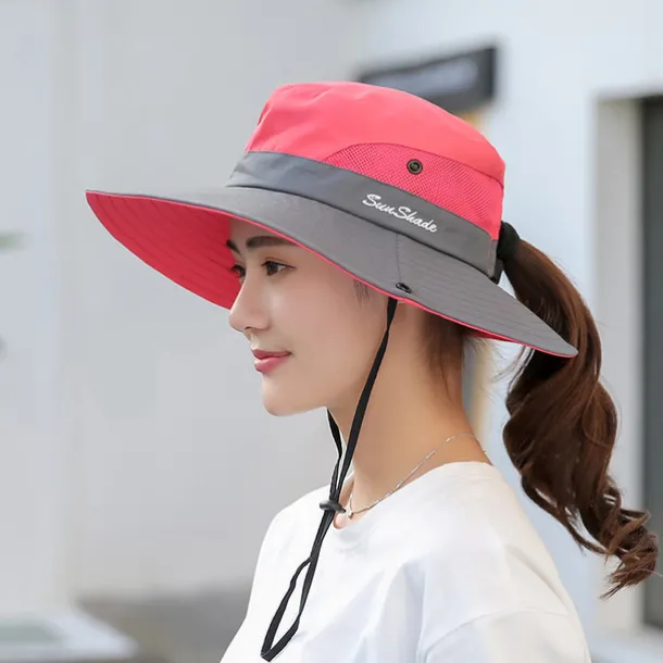Women's Sun Hats Wide Brim Outdoor UV Protection Foldable Mesh Beach Fishing Hat with Ponytail Hole Hiking Hat Bucket Hat Boonie hat Summer Portable Breathable Patchwork Green Black Red Fuchsia