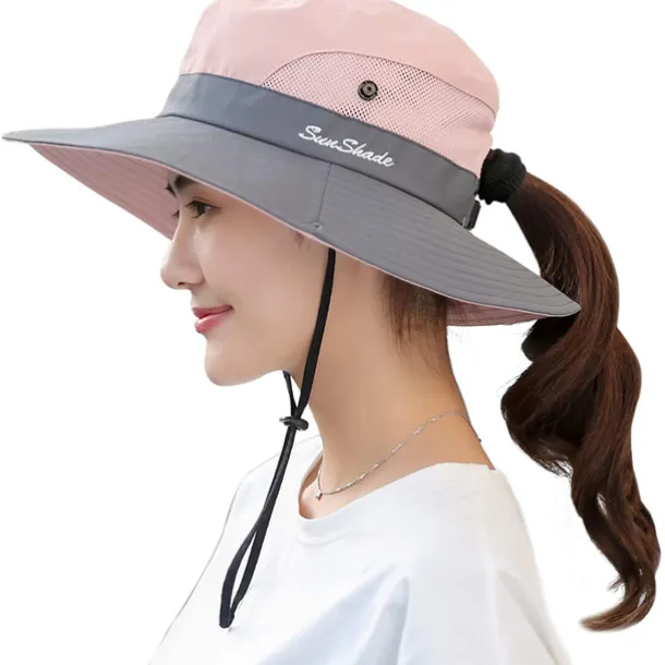 Women's Sun Hats Wide Brim Outdoor UV Protection Foldable Mesh Beach Fishing Hat with Ponytail Hole Hiking Hat Bucket Hat Boonie hat Summer Portable Breathable Patchwork Green Black Red Fuchsia
