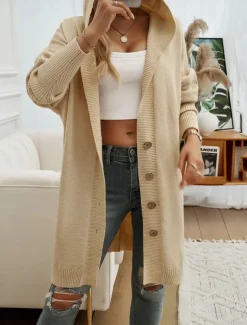 Women's Sweater Cardigan Casual Soft Pure Color Ribbed Hooded Buttons Pocket Knitted Long Sleeve Long Tops Knit Outdoor Daily Weekend Black Fuchsia Fall Winter