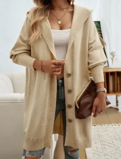 Women's Sweater Cardigan Casual Soft Pure Color Ribbed Hooded Buttons Pocket Knitted Long Sleeve Long Tops Knit Outdoor Daily Weekend Black Fuchsia Fall Winter