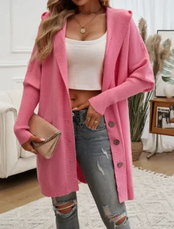 Women's Sweater Cardigan Casual Soft Pure Color Ribbed Hooded Buttons Pocket Knitted Long Sleeve Long Tops Knit Outdoor Daily Weekend Black Fuchsia Fall Winter