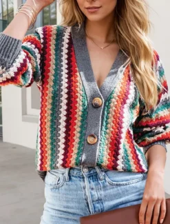 Women's Sweater Cardigan Casual Soft Geometric Ribbed V Neck Buttons Knitted Long Sleeve Regular Tops Knit Outdoor Daily Weekend Gray Fall Winter