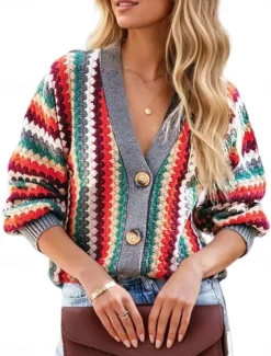 Women's Sweater Cardigan Casual Soft Geometric Ribbed V Neck Buttons Knitted Long Sleeve Regular Tops Knit Outdoor Daily Weekend Gray Fall Winter