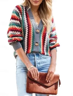 Women's Sweater Cardigan Casual Soft Geometric Ribbed V Neck Buttons Knitted Long Sleeve Regular Tops Knit Outdoor Daily Weekend Gray Fall Winter