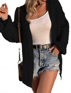 Women's Sweater Cardigan Casual Soft Pure Color Ribbed Open Front Knitted Long Sleeve Regular Tops Knit Outdoor Daily Weekend Black Pink Fall Winter