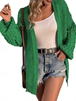 Women's Sweater Cardigan Casual Soft Pure Color Ribbed Open Front Knitted Long Sleeve Regular Tops Knit Outdoor Daily Weekend Black Pink Fall Winter