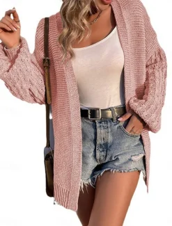 Women's Sweater Cardigan Casual Soft Pure Color Ribbed Open Front Knitted Long Sleeve Regular Tops Knit Outdoor Daily Weekend Black Pink Fall Winter