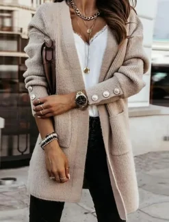 Women's Sweater Cardigan Casual Soft Pure Color Ribbed Open Front Buttons Pocket Knitted Long Sleeve Long Tops Knit Outdoor Daily Weekend Khaki Fall Winter