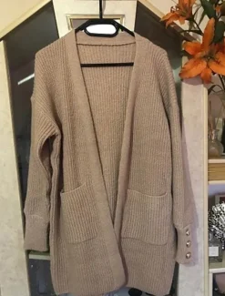 Women's Sweater Cardigan Casual Soft Pure Color Ribbed Open Front Buttons Pocket Knitted Long Sleeve Long Tops Knit Outdoor Daily Weekend Khaki Fall Winter