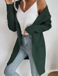 Women's Sweater Cardigan Casual Soft Pure Color Ribbed Hooded Pocket Knitted Long Sleeve Regular Tops Knit Outdoor Daily Weekend Green Khaki Fall Winter