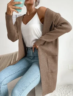 Women's Sweater Cardigan Casual Soft Pure Color Ribbed Hooded Pocket Knitted Long Sleeve Regular Tops Knit Outdoor Daily Weekend Green Khaki Fall Winter