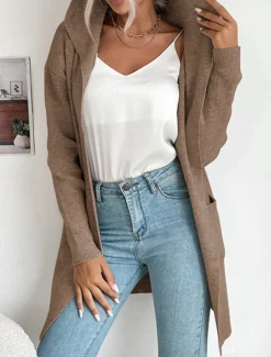 Women's Sweater Cardigan Casual Soft Pure Color Ribbed Hooded Pocket Knitted Long Sleeve Regular Tops Knit Outdoor Daily Weekend Green Khaki Fall Winter