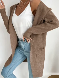 Women's Sweater Cardigan Casual Soft Pure Color Ribbed Hooded Pocket Knitted Long Sleeve Regular Tops Knit Outdoor Daily Weekend Green Khaki Fall Winter