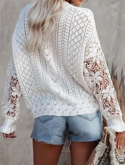 Women's Sweater Cardigan Casual Soft Pure Color Ribbed V Neck Buttons Knitted Hole Long Sleeve Regular Tops Knit Outdoor Daily Weekend Black White Fall Winter