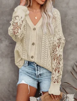 Women's Sweater Cardigan Casual Soft Pure Color Ribbed V Neck Buttons Knitted Hole Long Sleeve Regular Tops Knit Outdoor Daily Weekend Black White Fall Winter