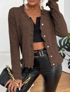 Women's Sweater Cardigan Casual Soft Pure Color Ribbed V Neck Buttons Knitted Long Sleeve Regular Tops Knit Outdoor Daily Weekend Pink Brown Fall Winter