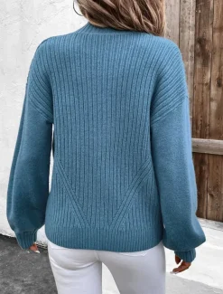 Women's Sweater Cardigan Casual Soft Pure Color Ribbed Stand Collar Zipper Knitted Long Sleeve Regular Tops Knit Outdoor Daily Weekend Blue Fall Winter