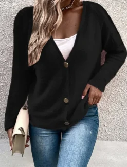 Women's Sweater Cardigan Casual Soft Pure Color Ribbed V Neck Buttons Knitted Long Sleeve Regular Tops Knit Outdoor Daily Weekend Black Pink Fall Winter