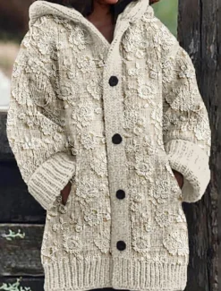 Women's Sweater Cardigan Casual Soft Floral Animal Ribbed Hooded Buttons Pocket Knitted Long Sleeve Regular Tops Knit Outdoor Daily Weekend Green Khaki Fall Winter