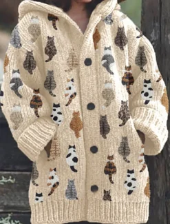 Women's Sweater Cardigan Casual Soft Floral Animal Ribbed Hooded Buttons Pocket Knitted Long Sleeve Regular Tops Knit Outdoor Daily Weekend Green Khaki Fall Winter