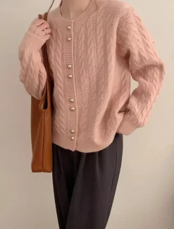 Women's Sweater Cardigan Casual Soft Pure Color Cable Crew Neck Buttons Knitted Long Sleeve Regular Tops Knit Outdoor Daily Weekend White Pink Fall Winter