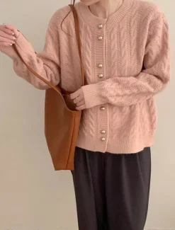 Women's Sweater Cardigan Casual Soft Pure Color Cable Crew Neck Buttons Knitted Long Sleeve Regular Tops Knit Outdoor Daily Weekend White Pink Fall Winter