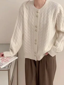 Women's Sweater Cardigan Casual Soft Pure Color Cable Crew Neck Buttons Knitted Long Sleeve Regular Tops Knit Outdoor Daily Weekend White Pink Fall Winter