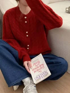 Women's Sweater Cardigan Casual Soft Pure Color Cable Crew Neck Buttons Knitted Long Sleeve Regular Tops Knit Outdoor Daily Weekend White Pink Fall Winter