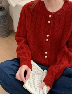 Women's Sweater Cardigan Casual Soft Pure Color Cable Crew Neck Buttons Knitted Long Sleeve Regular Tops Knit Outdoor Daily Weekend White Pink Fall Winter