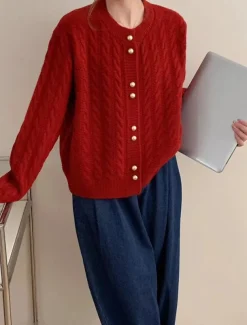 Women's Sweater Cardigan Casual Soft Pure Color Cable Crew Neck Buttons Knitted Long Sleeve Regular Tops Knit Outdoor Daily Weekend White Pink Fall Winter