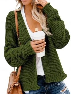 Women's Sweater Cardigan Casual Soft Pure Color Ribbed V Neck Knitted Long Sleeve Regular Tops Knit Outdoor Daily Weekend Army Green Blue Fall Winter
