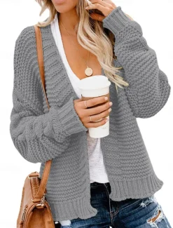 Women's Sweater Cardigan Casual Soft Pure Color Ribbed V Neck Knitted Long Sleeve Regular Tops Knit Outdoor Daily Weekend Army Green Blue Fall Winter