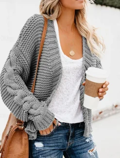 Women's Sweater Cardigan Casual Soft Pure Color Ribbed V Neck Knitted Long Sleeve Regular Tops Knit Outdoor Daily Weekend Army Green Blue Fall Winter