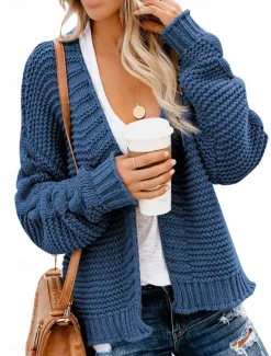 Women's Sweater Cardigan Casual Soft Pure Color Ribbed V Neck Knitted Long Sleeve Regular Tops Knit Outdoor Daily Weekend Army Green Blue Fall Winter