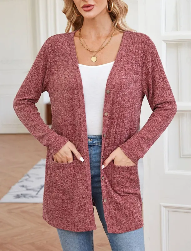 Women's Sweater Cardigan Casual Soft Pure Color Ribbed V Neck Buttons Pocket Knitted Long Sleeve Regular Tops Knit Outdoor Daily Weekend Dusty Rose Khaki Fall Winter