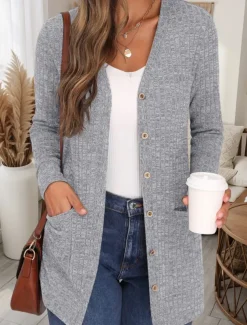 Women's Sweater Cardigan Casual Soft Pure Color Ribbed V Neck Buttons Pocket Knitted Long Sleeve Regular Tops Knit Outdoor Daily Weekend Dusty Rose Khaki Fall Winter