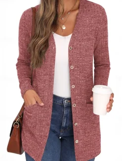 Women's Sweater Cardigan Casual Soft Pure Color Ribbed V Neck Buttons Pocket Knitted Long Sleeve Regular Tops Knit Outdoor Daily Weekend Dusty Rose Khaki Fall Winter