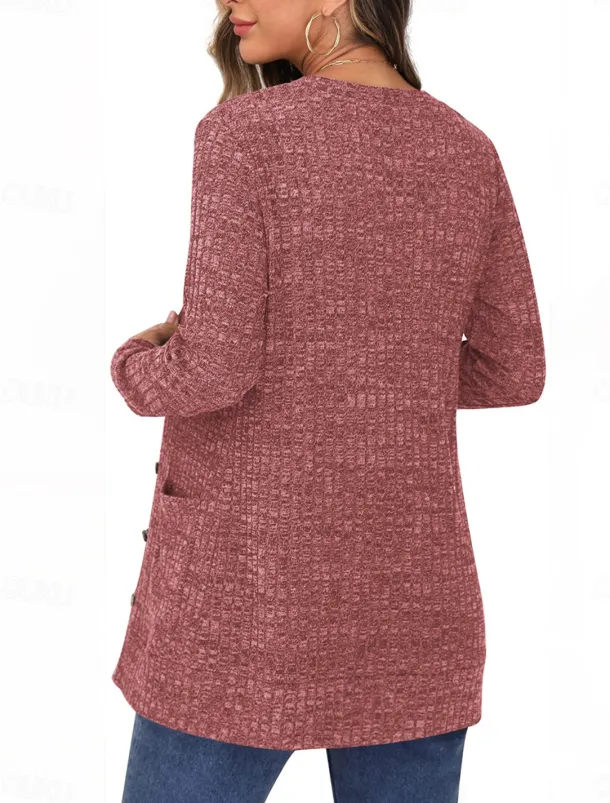 Women's Sweater Cardigan Casual Soft Pure Color Ribbed V Neck Buttons Pocket Knitted Long Sleeve Regular Tops Knit Outdoor Daily Weekend Dusty Rose Khaki Fall Winter