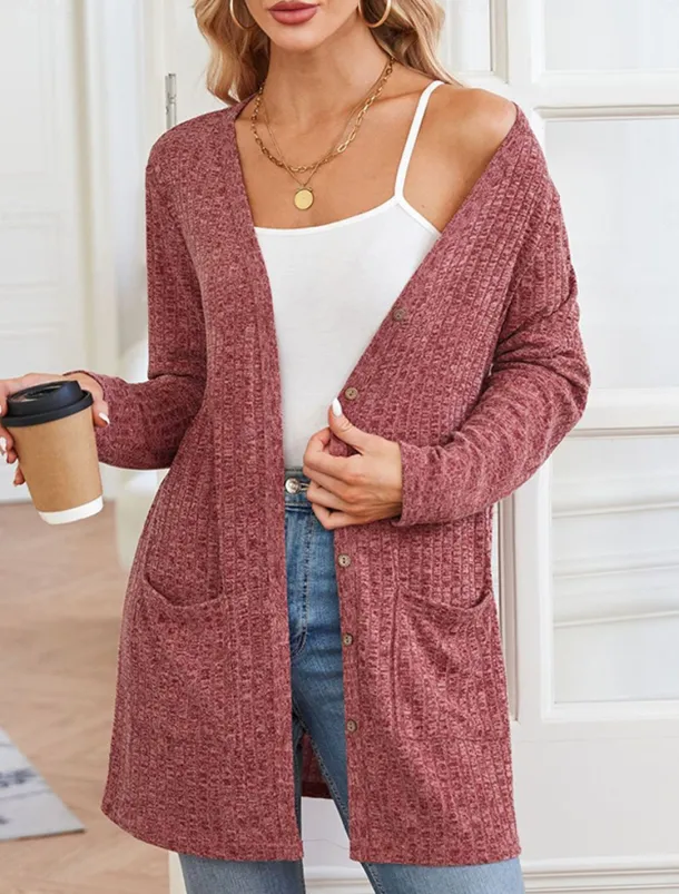 Women's Sweater Cardigan Casual Soft Pure Color Ribbed V Neck Buttons Pocket Knitted Long Sleeve Regular Tops Knit Outdoor Daily Weekend Dusty Rose Khaki Fall Winter
